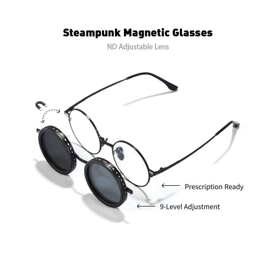 Set view of Aeris steampunk round metal magnetic clip-on sunglasses set with interchangeable clip-on lenses RM0382507 in black