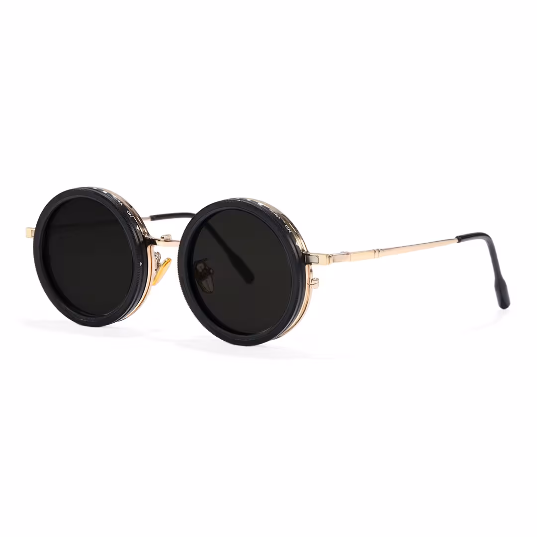Angle view of Aeris steampunk round metal magnetic clip-on eyeglasses set with interchangeable clip-on lenses in gold. SPU: RM0382507