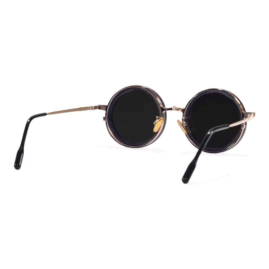 Back view of Aeris steampunk round metal magnetic clip-on eyeglasses set with interchangeable clip-on lenses in gold. SPU: RM0382507