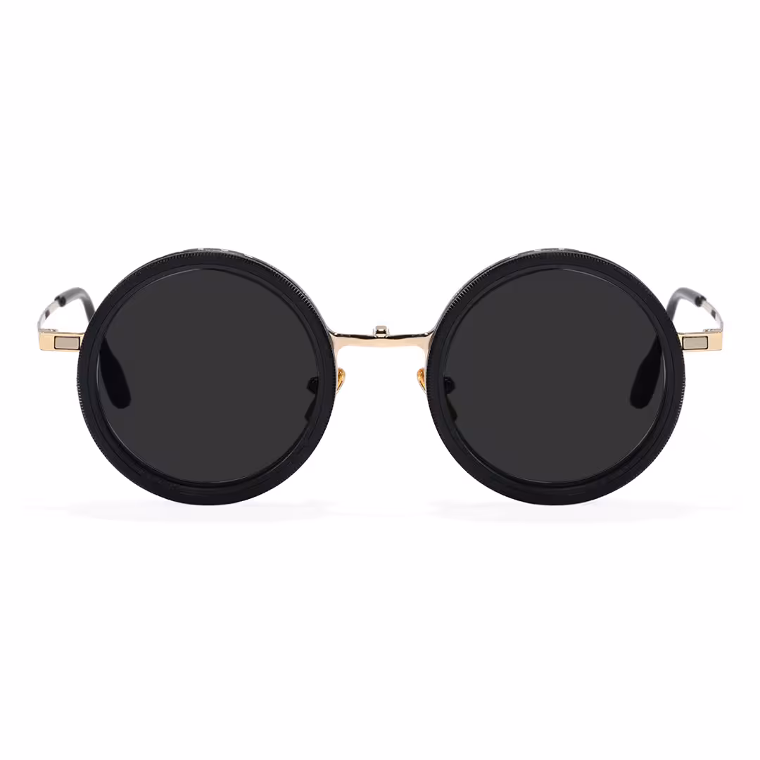Front view of Aeris steampunk round metal magnetic clip-on eyeglasses set with interchangeable clip-on lenses in gold. SPU: RM0382507