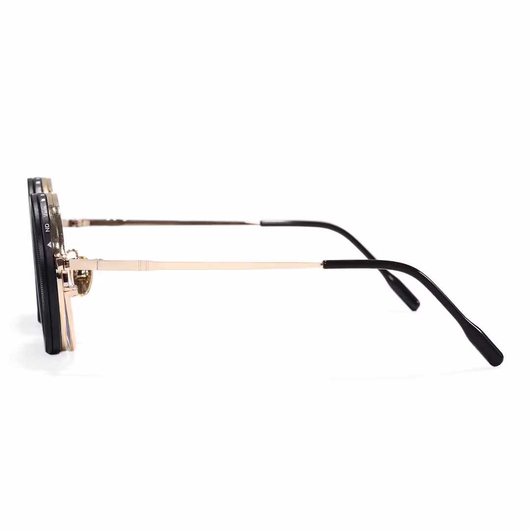 Side view of Aeris steampunk round metal magnetic clip-on eyeglasses set with interchangeable clip-on lenses in gold. SPU: RM0382507