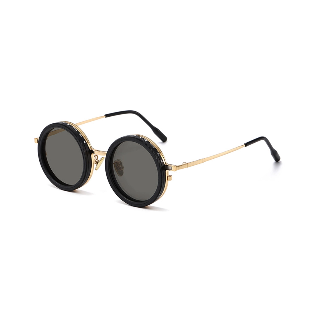 Angle view of Aeris steampunk round metal magnetic clip-on sunglasses set with interchangeable clip-on lenses RM0382507 in gold