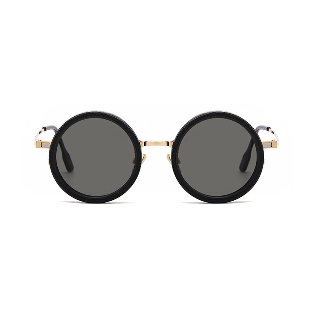Front view of Aeris steampunk round metal magnetic clip-on sunglasses set with interchangeable clip-on lenses RM0382507 in gold