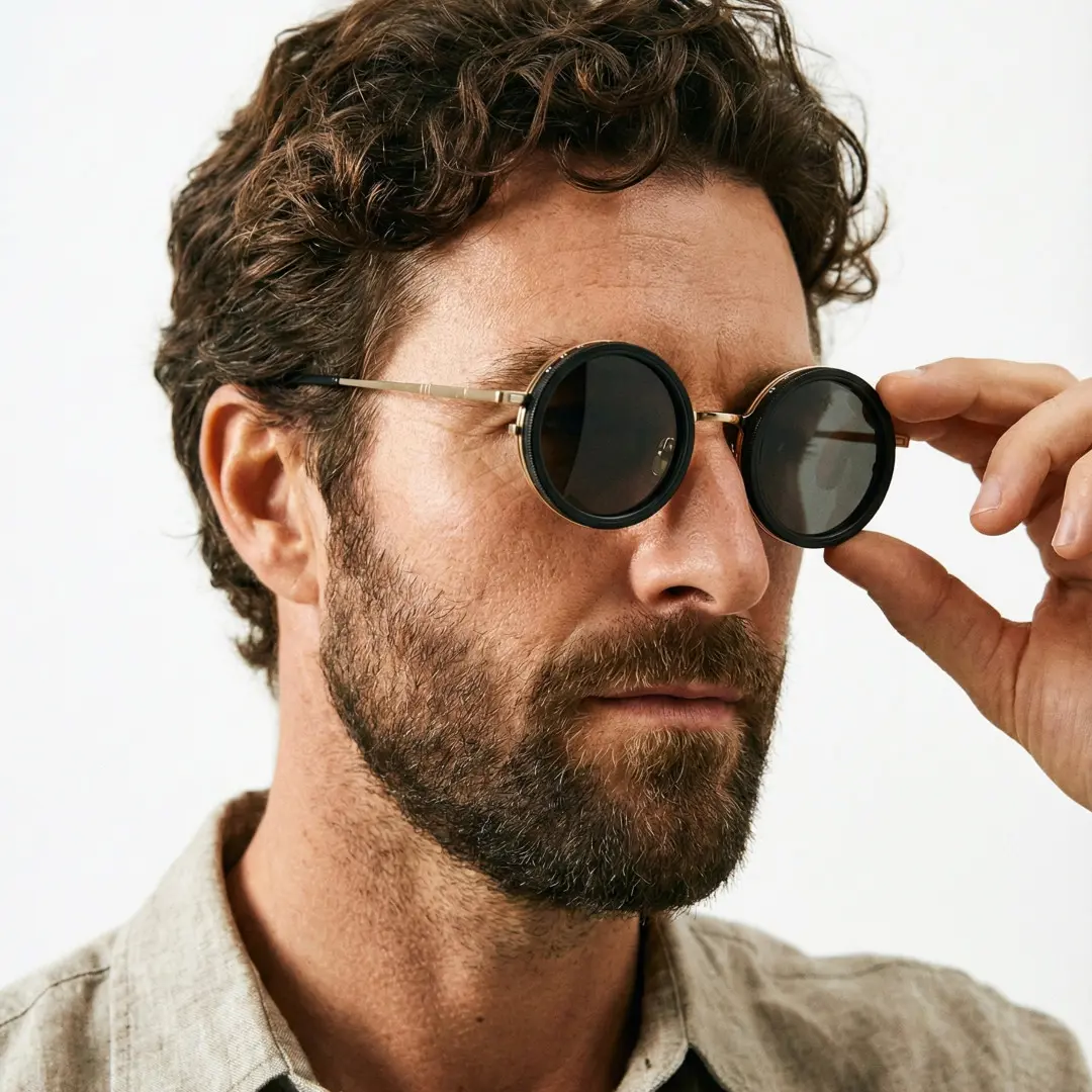 Profile view of male wearing steampunk gold round magnetic clip-on sunglasses set with interchangeable clip-on lenses, adjusting glasses, neutral expression, RM0382507