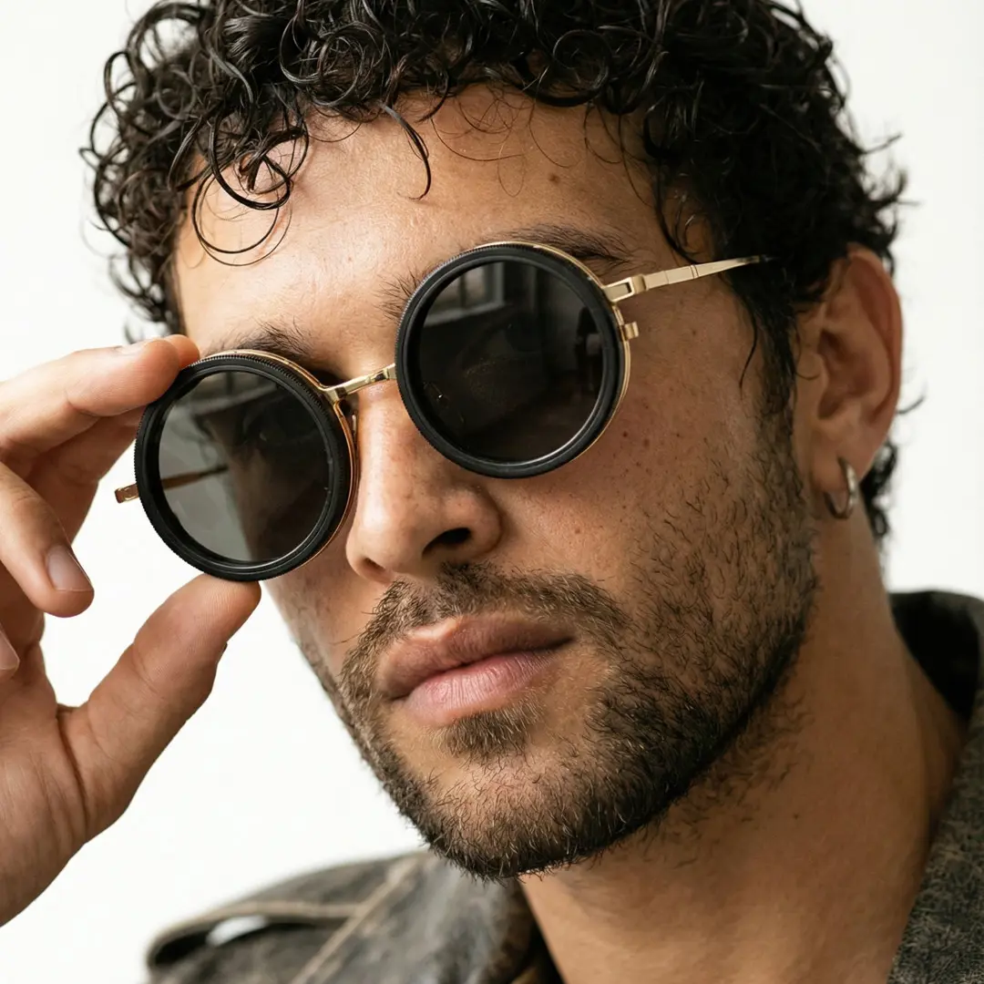 Three-quarter view of male wearing steampunk gold round magnetic clip-on sunglasses set with interchangeable clip-on lenses, adjusting glasses, confident expression, RM0382507