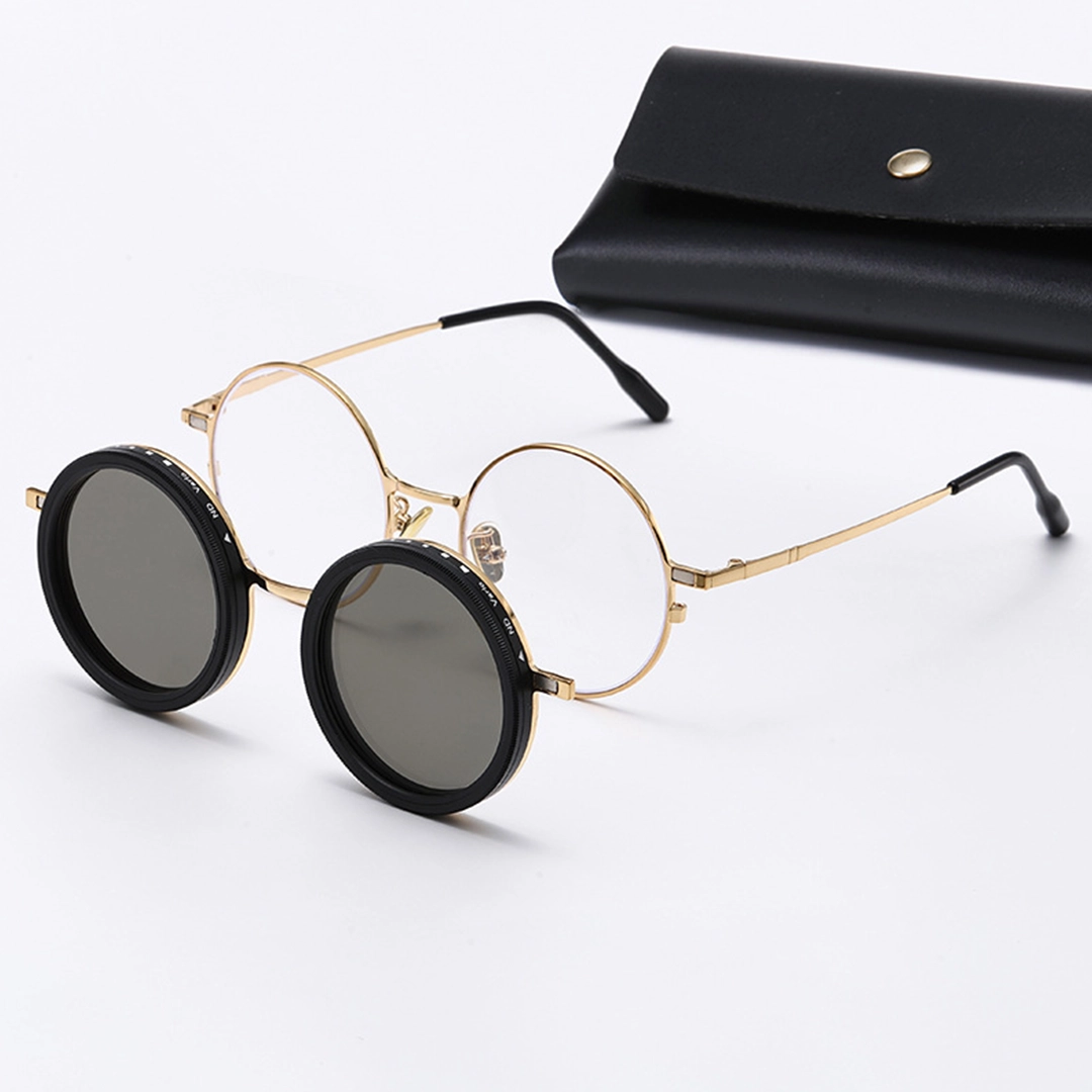 Scene view of Aeris steampunk round metal magnetic clip-on sunglasses set with interchangeable clip-on lenses RM0382507 in gold
