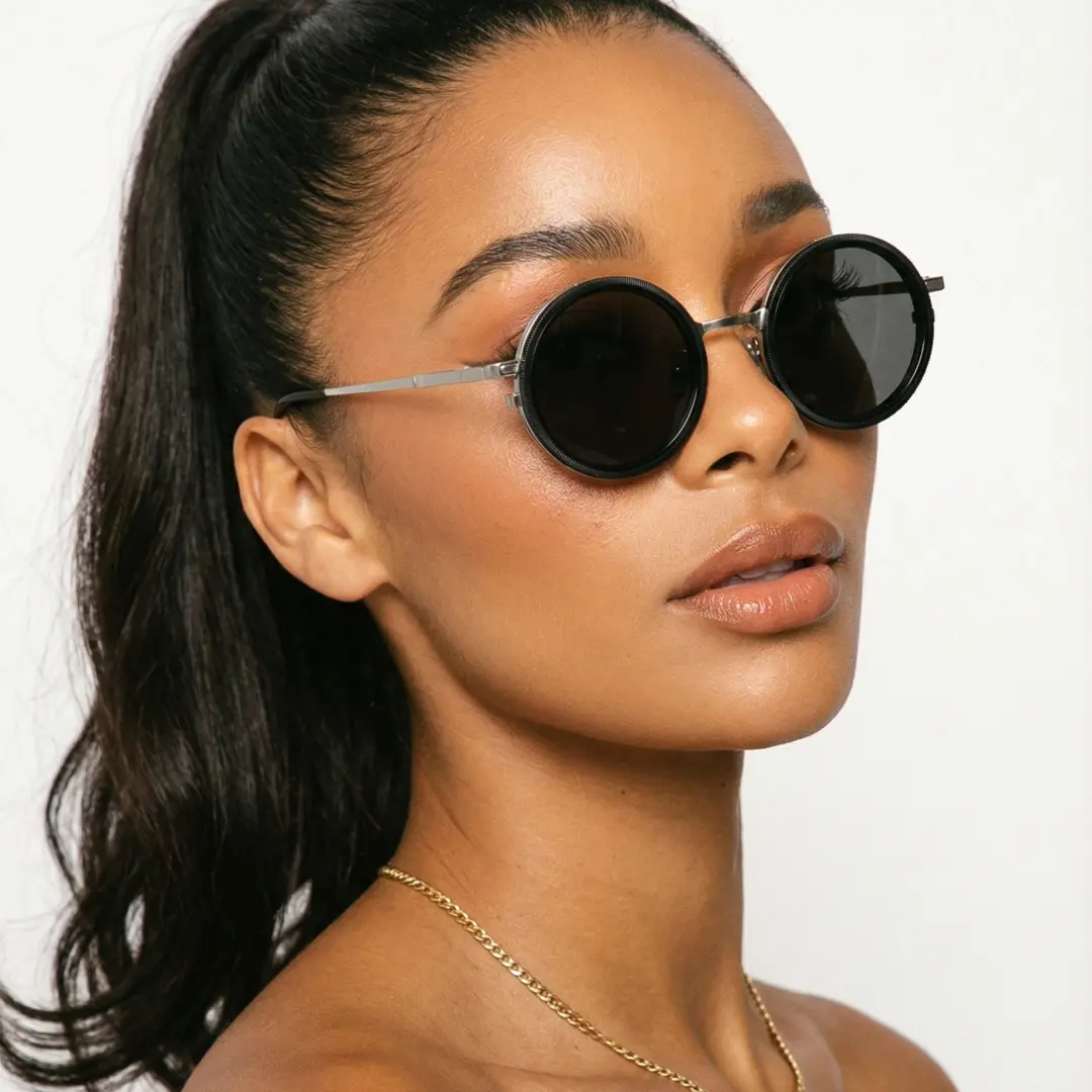 Tilted head view of female wearing silver round magnetic clip-on sunglasses set with interchangeable toppers, calm expression, RM0382507