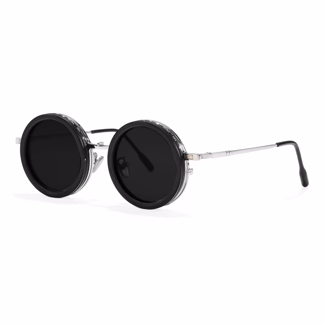 Angle view of Aeris steampunk round metal magnetic clip-on eyeglasses set with interchangeable clip-on lenses in silver. SPU: RM0382507