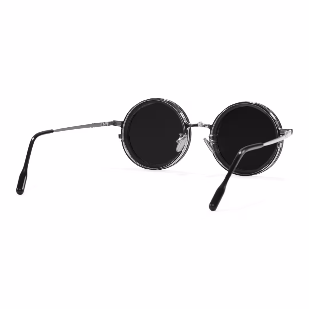 Back view of Aeris steampunk round metal magnetic clip-on eyeglasses set with interchangeable clip-on lenses in silver. SPU: RM0382507
