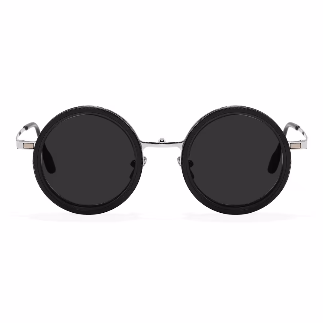 Front view of Aeris steampunk round metal magnetic clip-on eyeglasses set with interchangeable clip-on lenses in silver. SPU: RM0382507