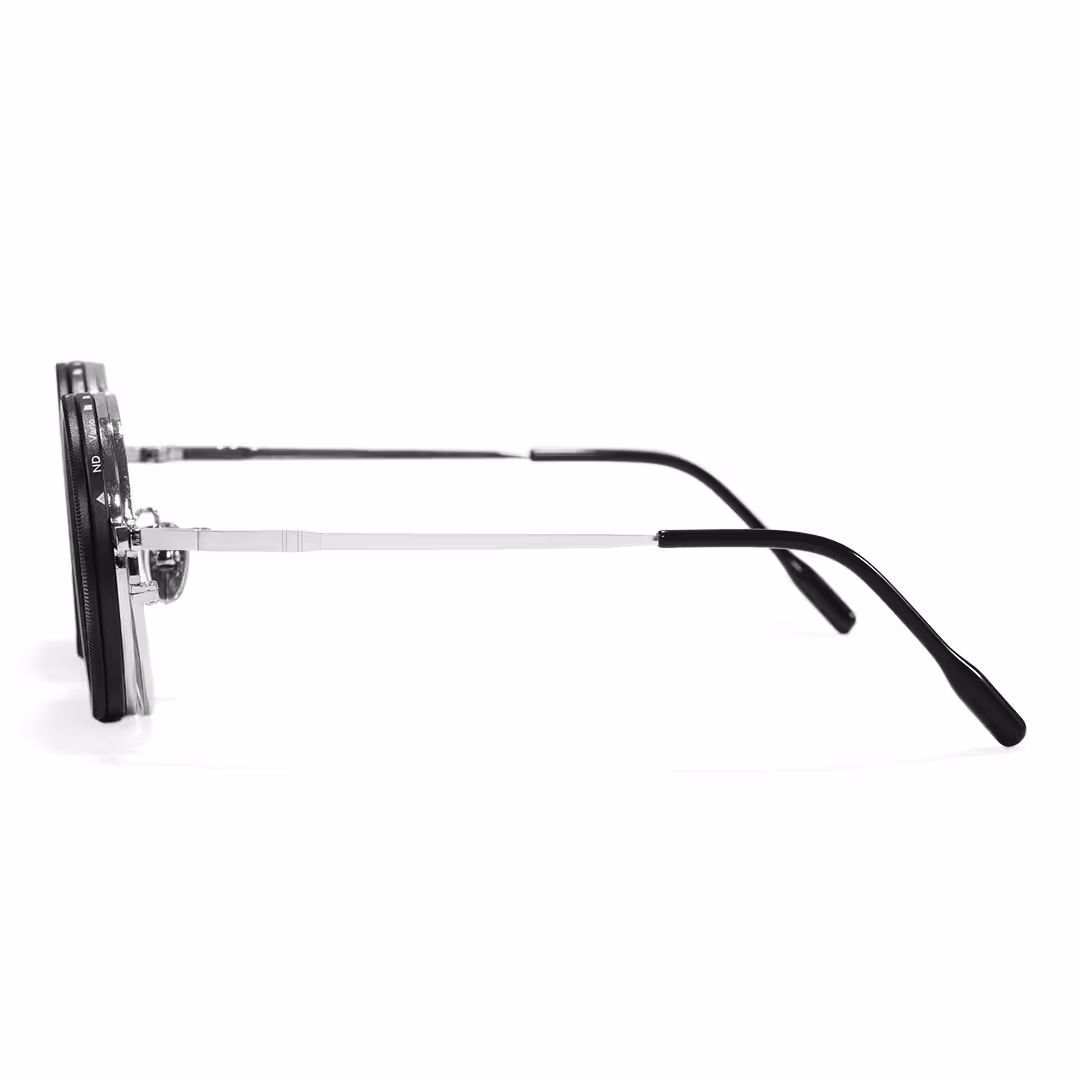 Side view of Aeris steampunk round metal magnetic clip-on eyeglasses set with interchangeable clip-on lenses in silver. SPU: RM0382507