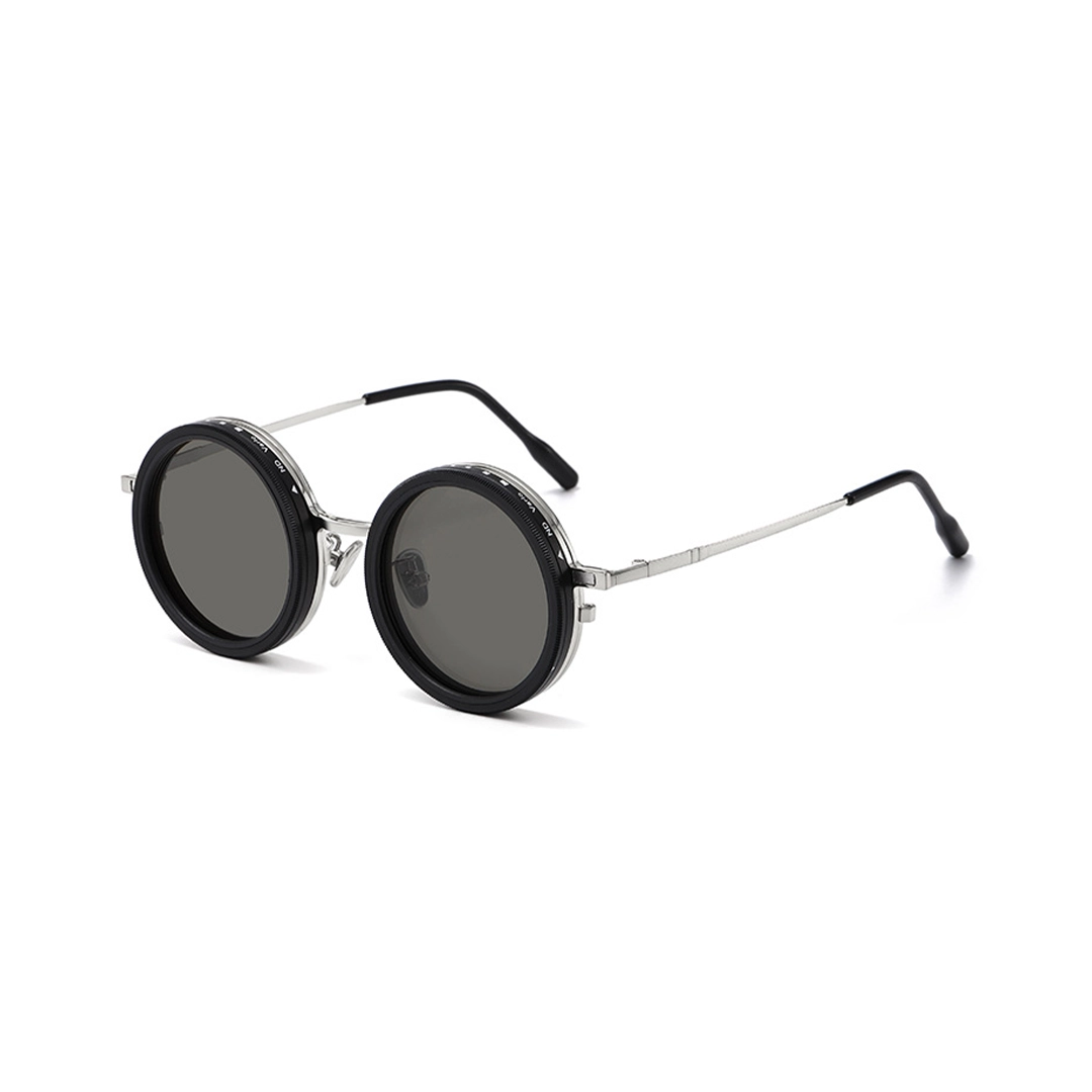 Angle view of Aeris steampunk round metal magnetic clip-on sunglasses set with interchangeable clip-on lenses RM0382507 in silver