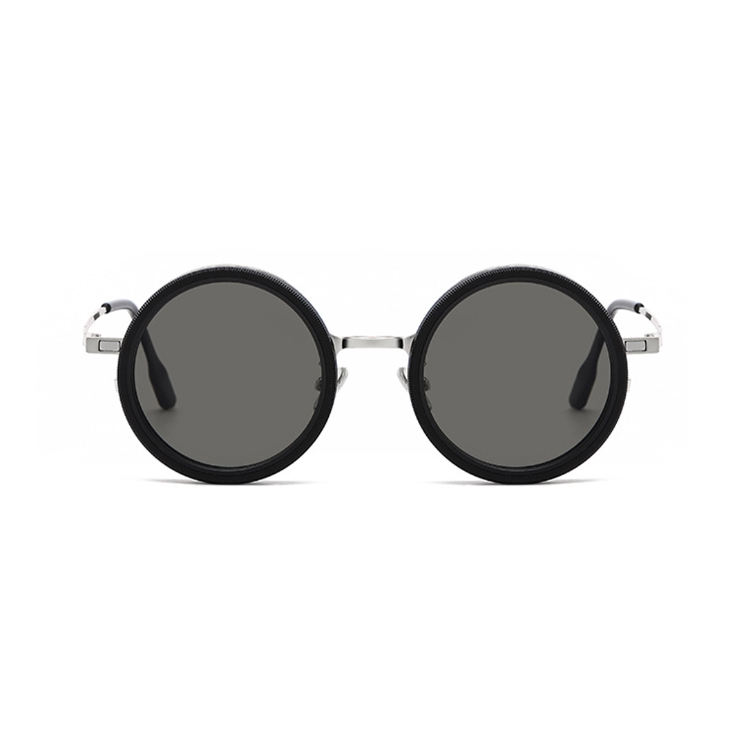 Front view of Aeris steampunk round metal magnetic clip-on sunglasses set with interchangeable clip-on lenses RM0382507 in silver