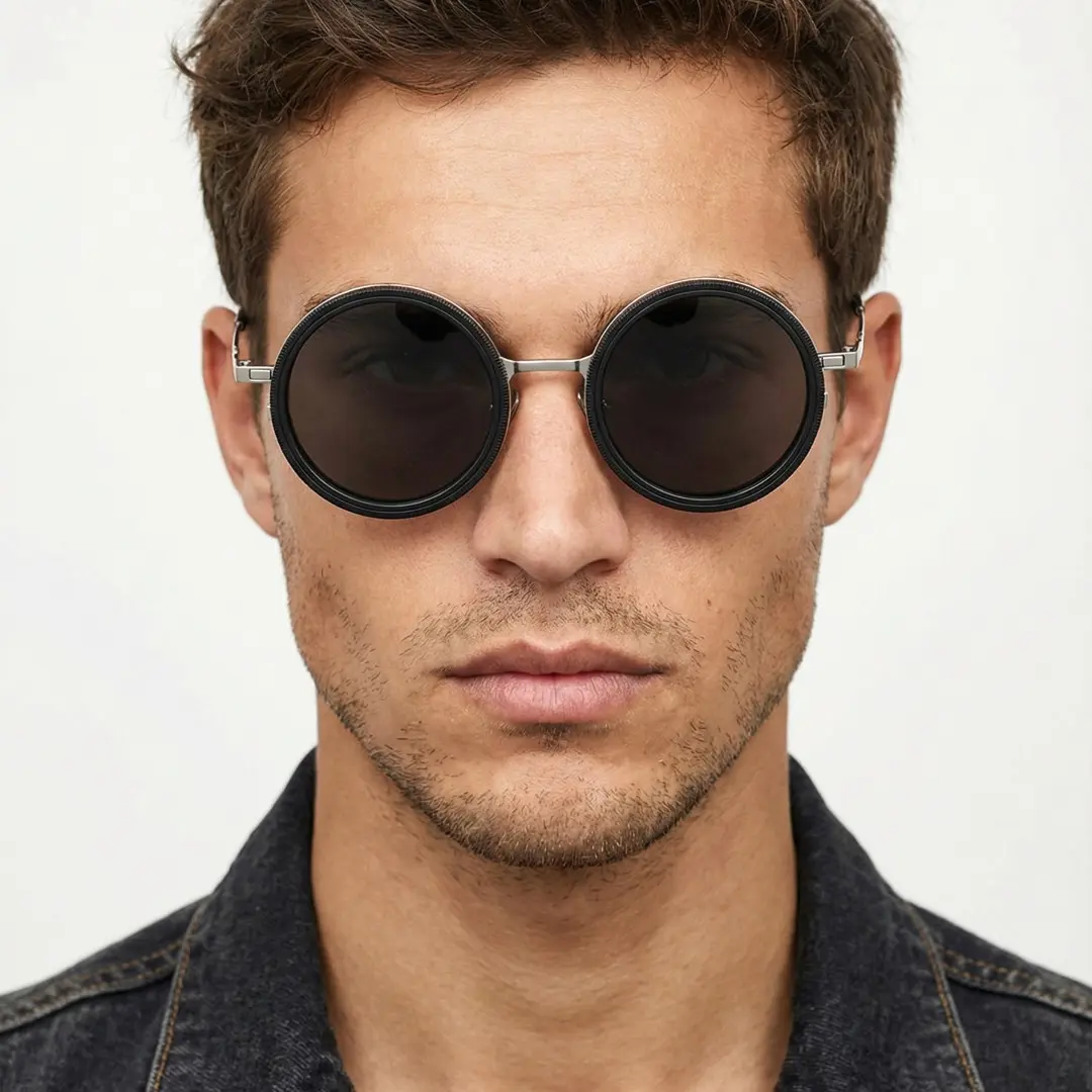 Front view of male wearing steampunk silver round magnetic clip-on sunglasses set with interchangeable clip-on lenses, natural expression, RM0382507