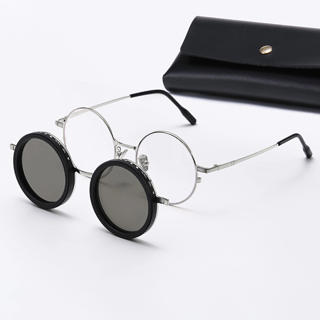 Scene view of Aeris steampunk round metal magnetic clip-on sunglasses set with interchangeable clip-on lenses RM0382507 in silver