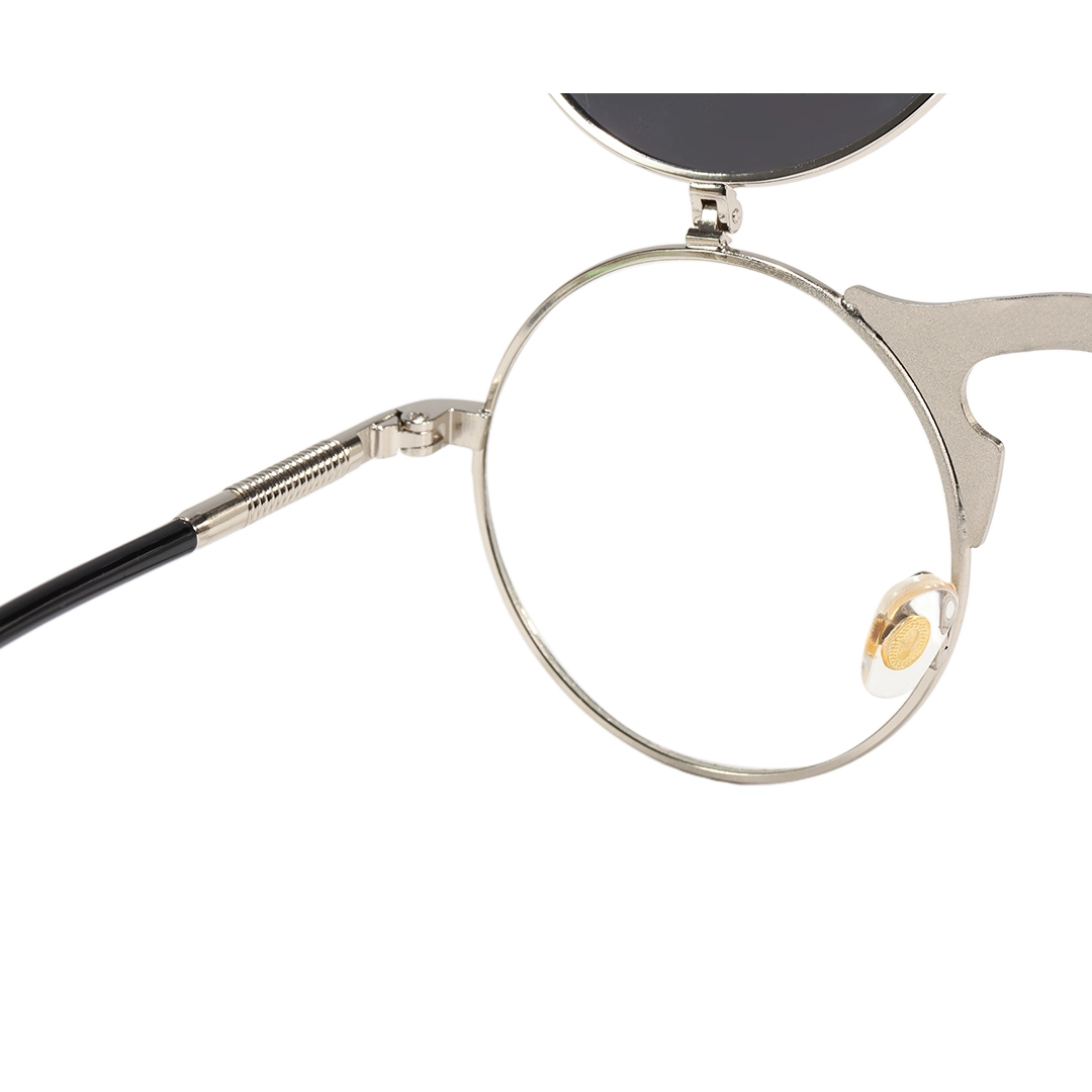 Spring hinge detail of Quill round metal flip-up sunglasses RM0392601 in silver