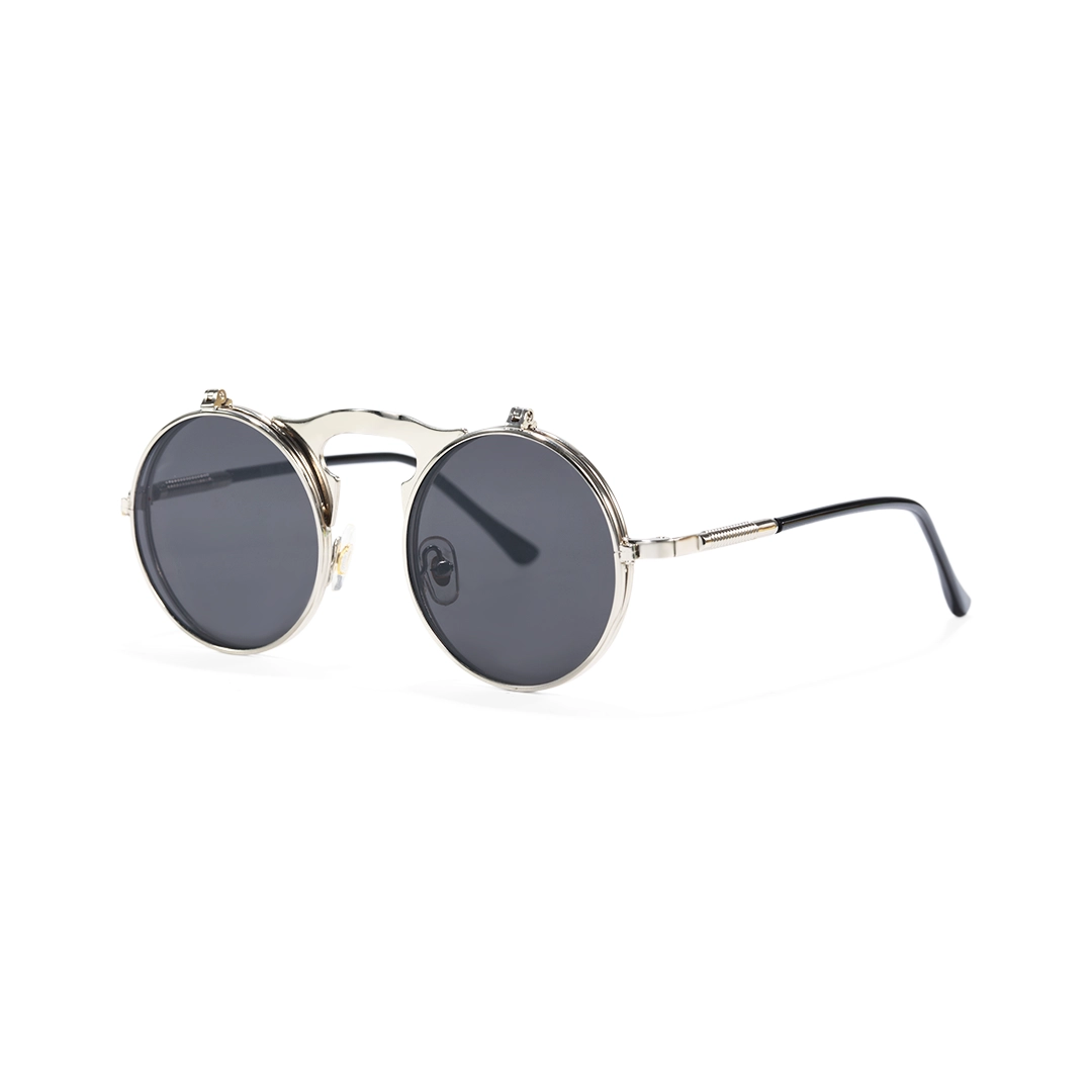 Angle view of Quill steampunk round metal flip-up sunglasses in closed position RM0392601 in silver