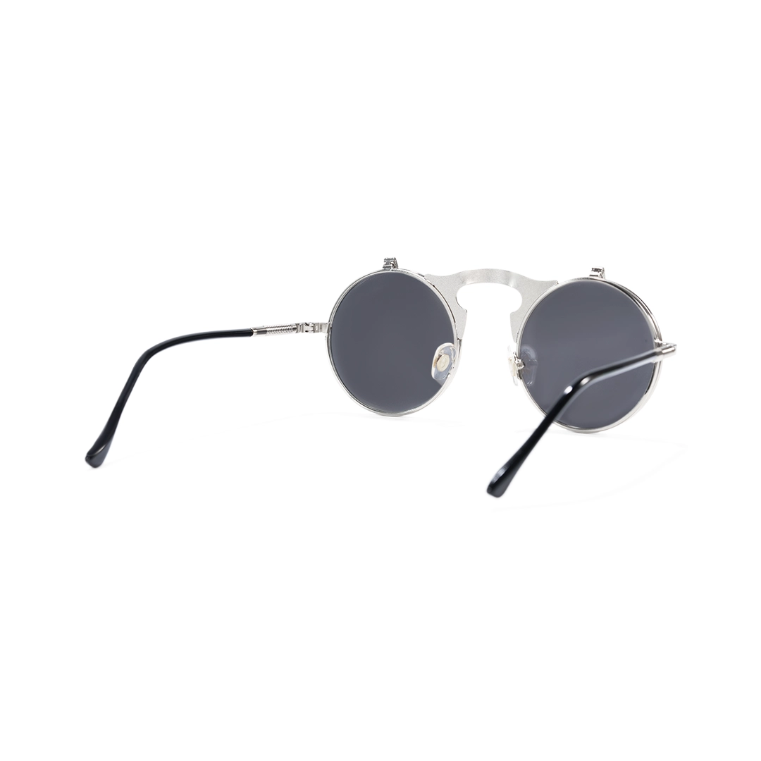 Back view of Quill steampunk round metal flip-up sunglasses in closed position RM0392601 in silver