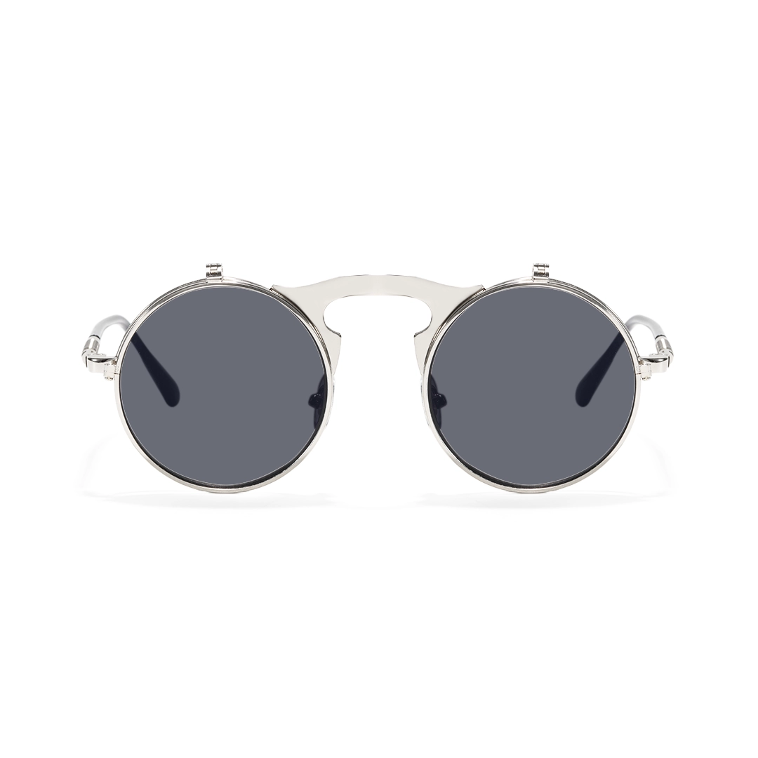 Front view of Quill steampunk round metal flip-up sunglasses in closed position RM0392601 in silver