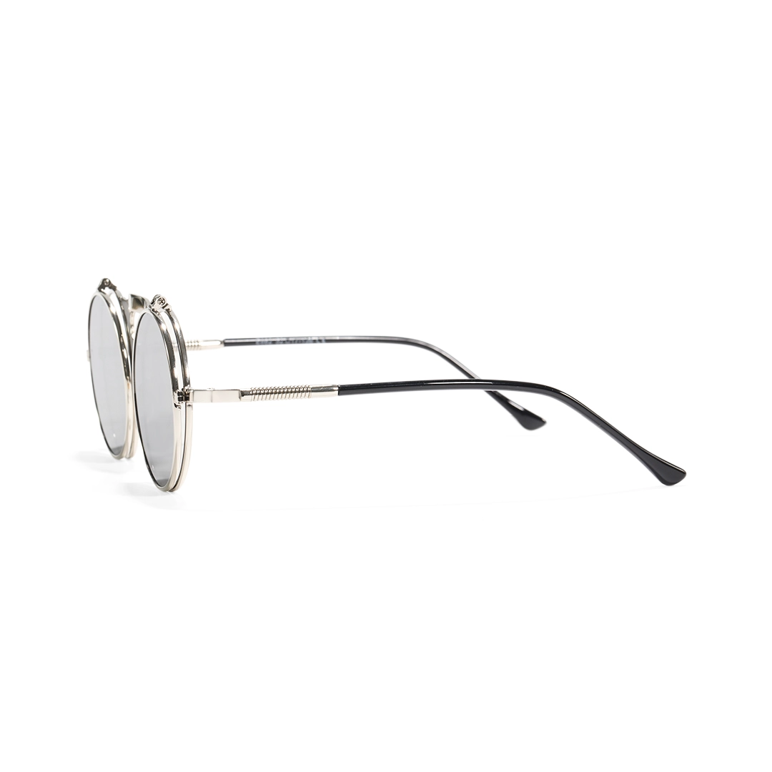 Side view of Quill steampunk round metal flip-up sunglasses in closed position RM0392601 in silver