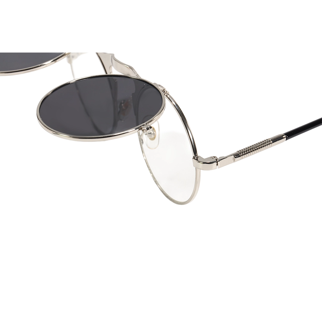 Frame detail view of Quill steampunk round metal flip-up sunglasses RM0392601 in silver