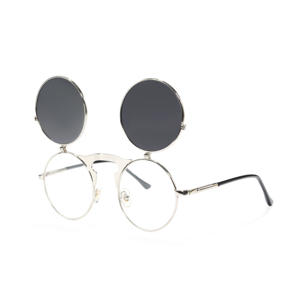 Angle view of Quill steampunk round metal flip-up sunglasses in open position RM0392601 in silver