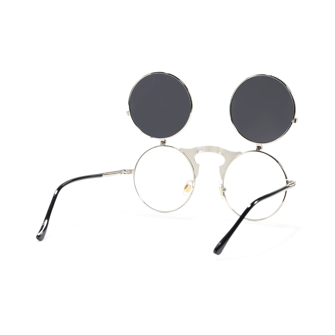 Back view of Quill steampunk round metal flip-up sunglasses in open position RM0392601 in silver