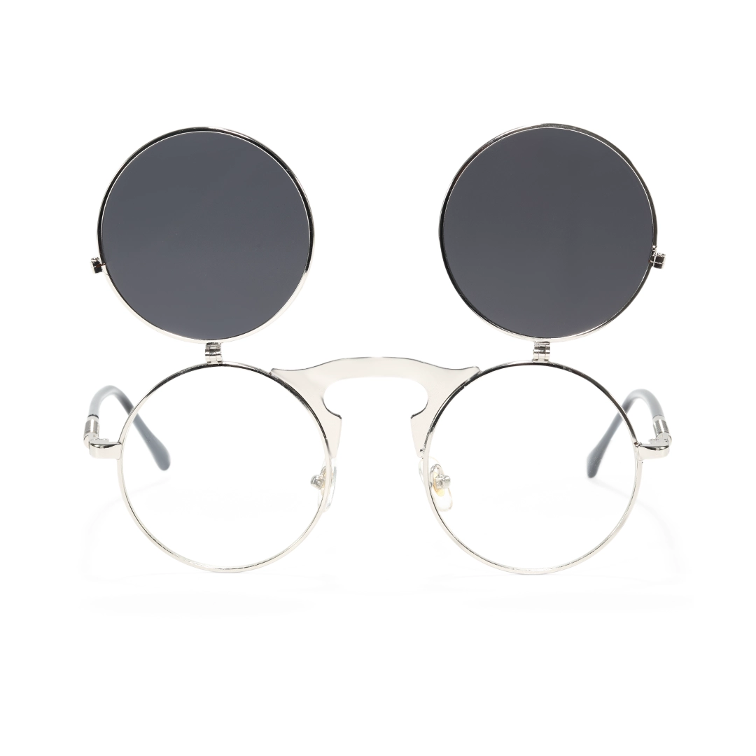 Front view of Quill steampunk round metal flip-up sunglasses in open position RM0392601 in silver