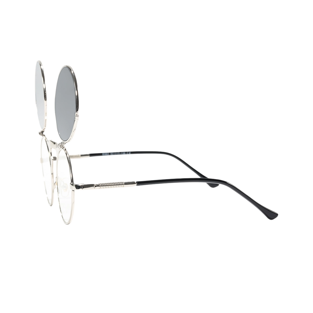 Side view of Quill steampunk round metal flip-up sunglasses in open position RM0392601 in silver