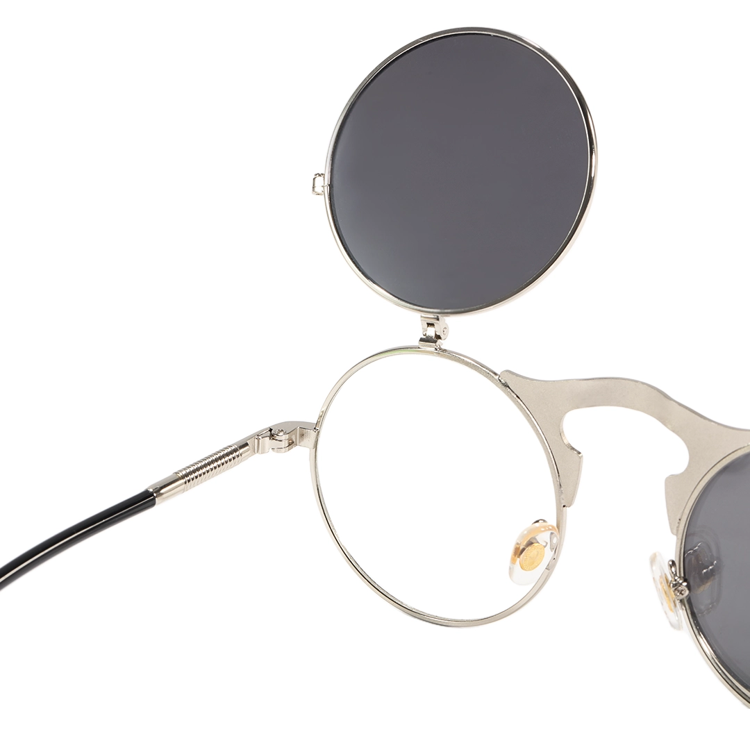 Temple detail of Quill steampunk round metal flip-up sunglasses RM0392601 in silver