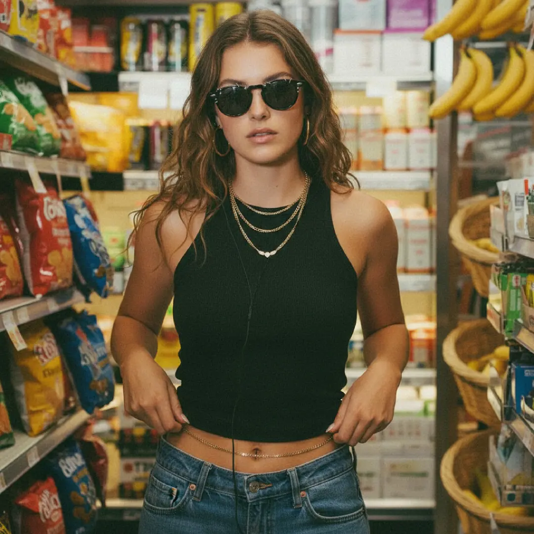 Front view of female wearing black round handcrafted polarized sunglasses, relaxed expression, RP0042511