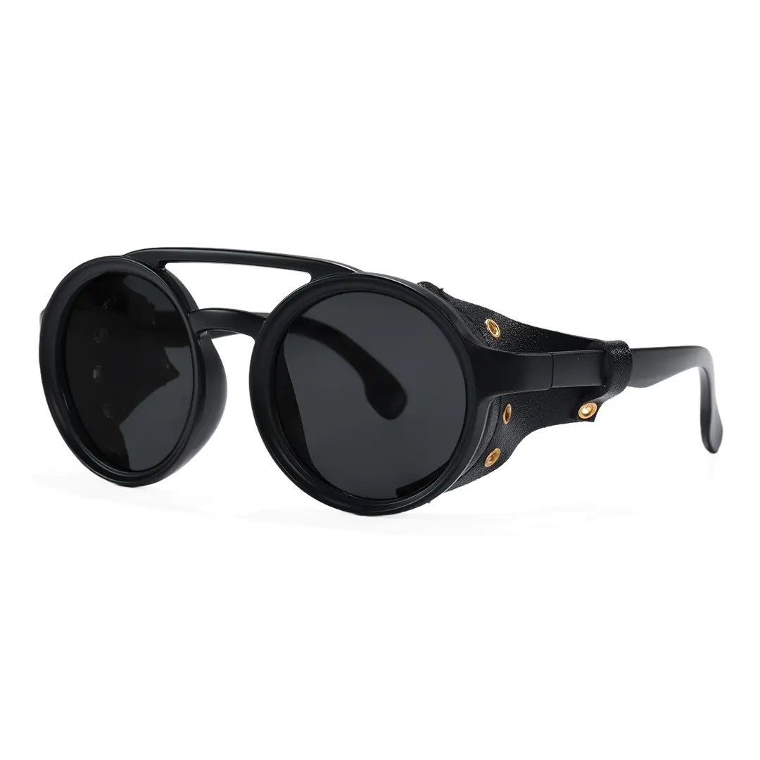 Angle view of Rhys steampunk round pc sunglasses RP0082604 in black