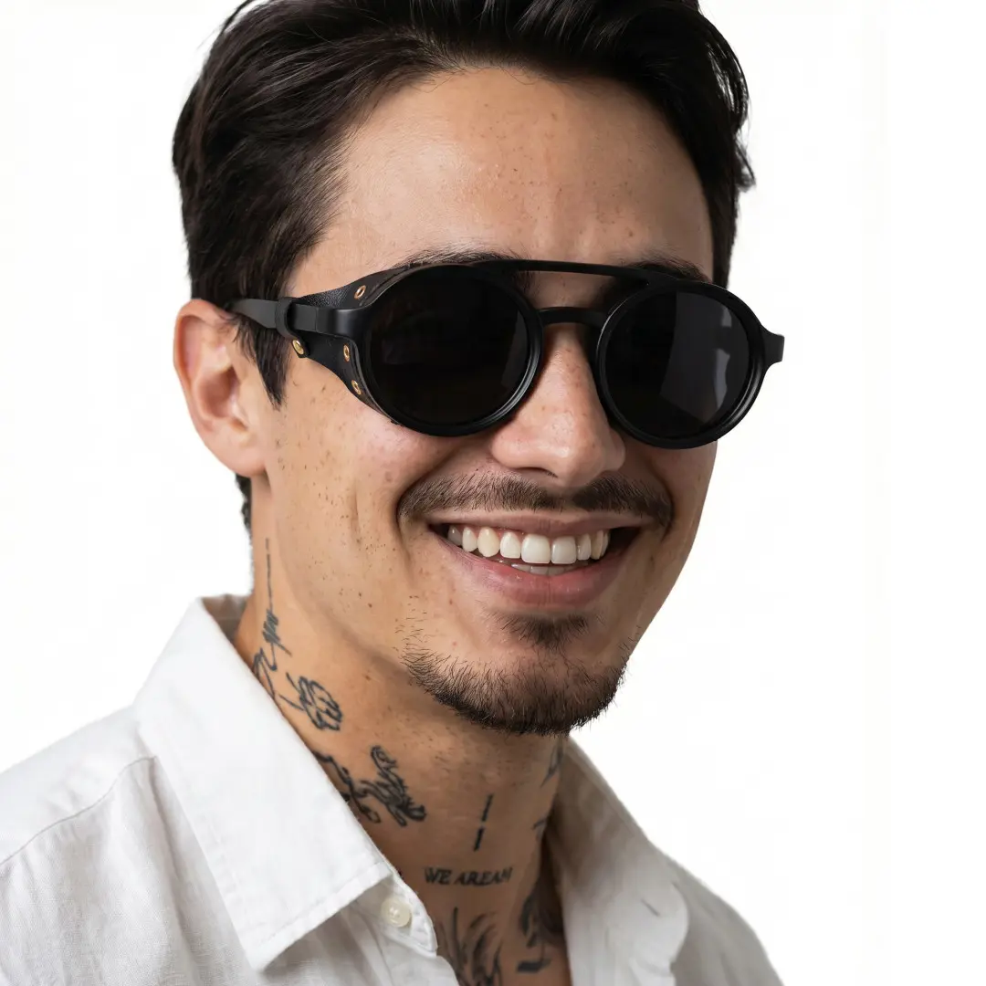 Three-quarter view of male wearing steampunk black round sunglasses, smiling, RP0082604