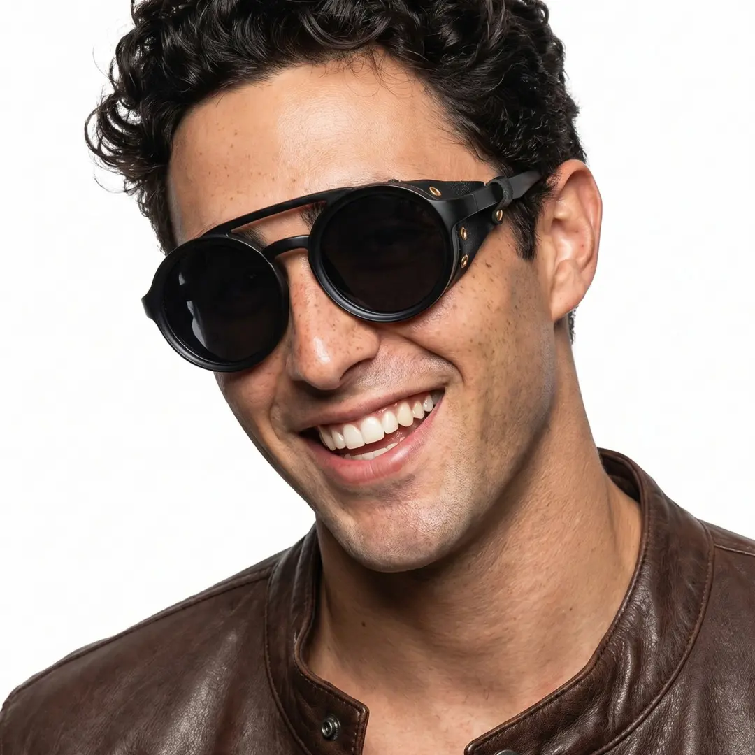 Tilted head view of male wearing steampunk black round sunglasses, big smile, RP0082604