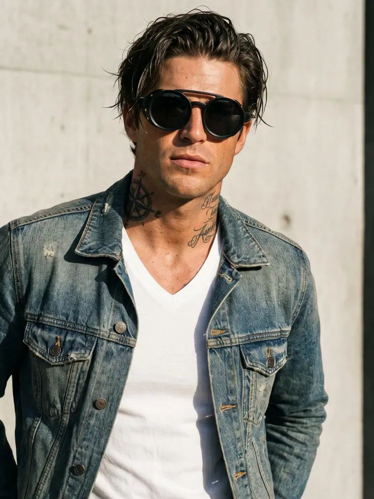 Male model wearing steampunk black round pc sunglasses against a sunlit concrete wall. SPU: RP0082604