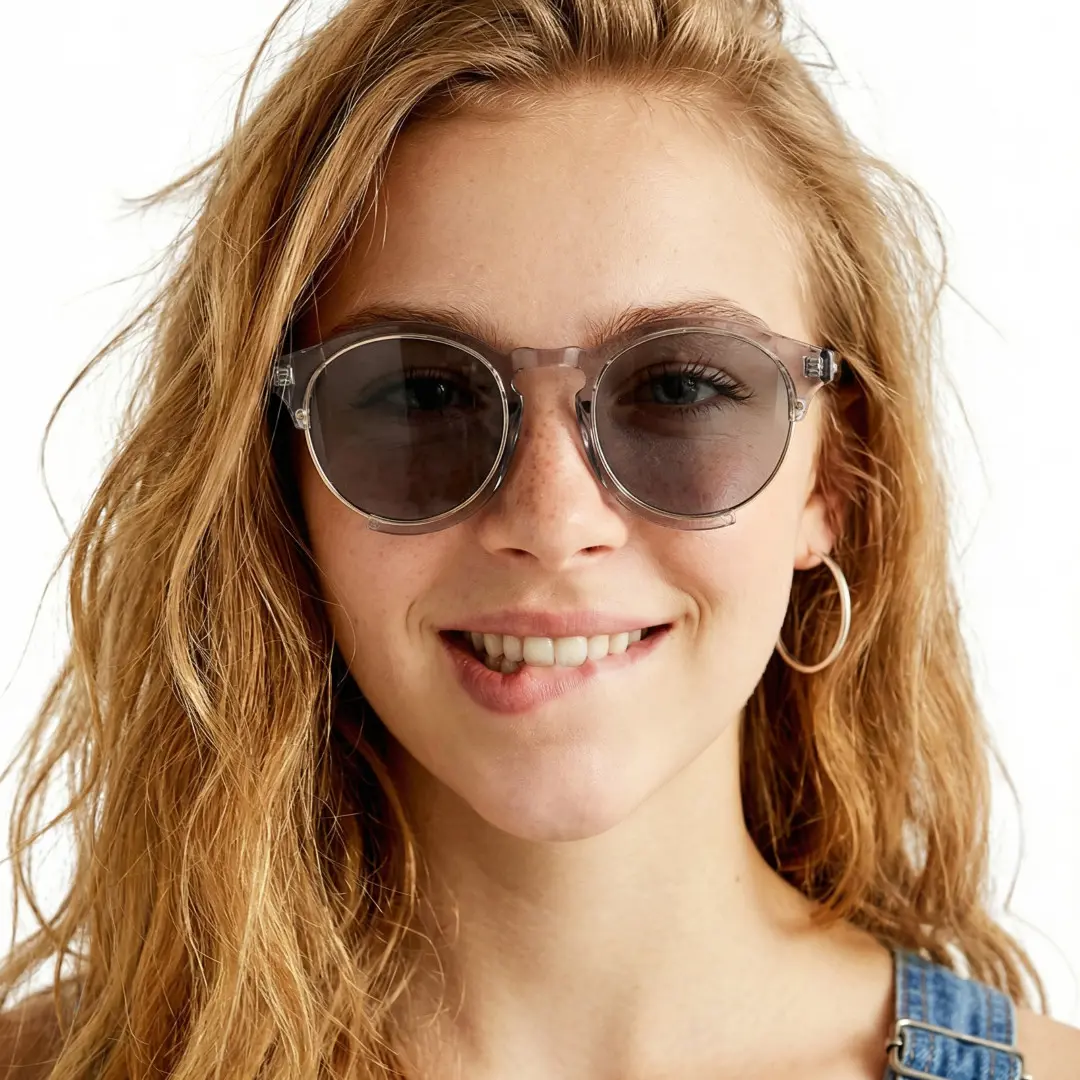 Front view of female wearing grey round sunglasses, smiling, RR0062402