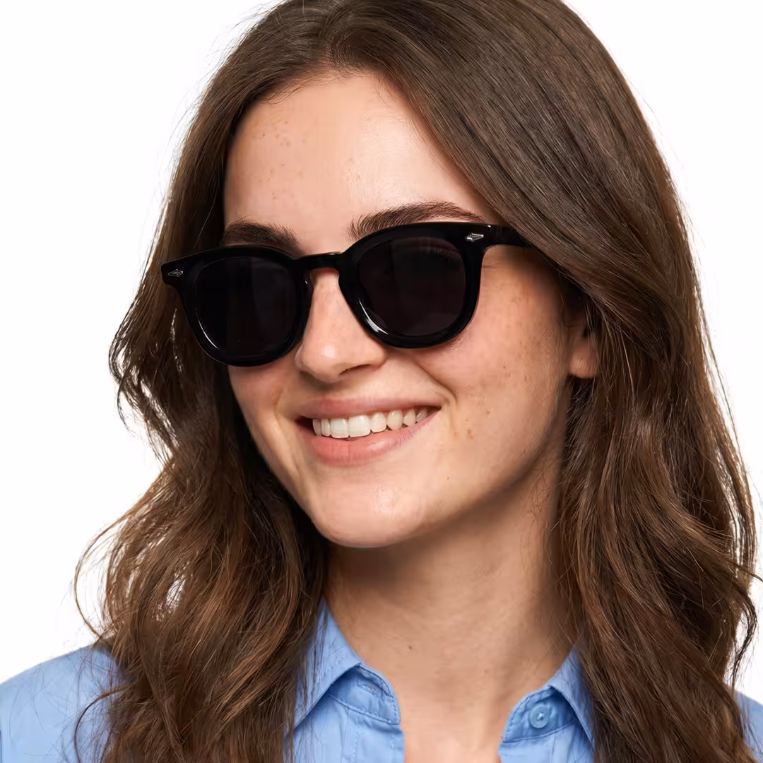 Female wearing black round tr90 sunglasses, smiling. SPU: RR0122604