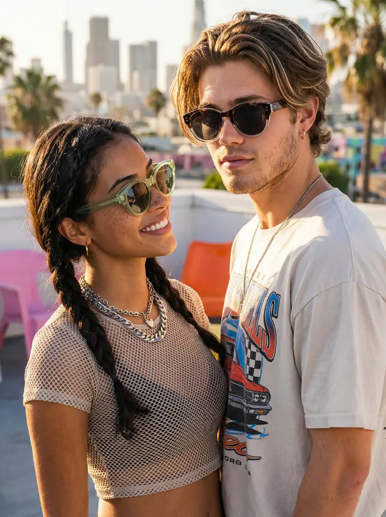 Couple models wearing retro tortoise green round tr90 sunglasses in an outdoor setting. SPU: RR0242302