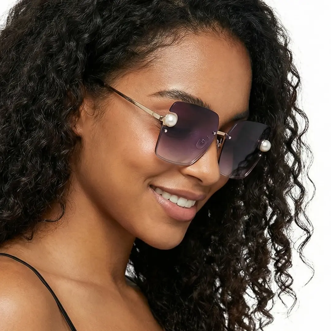 Profile view of female wearing grey square sunglasses, smiling, SP0052505