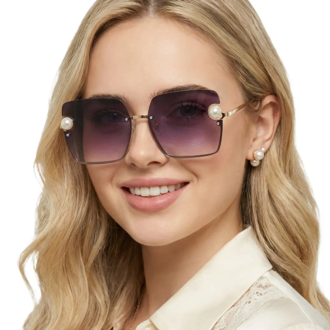 Slightly angled view of female wearing grey square sunglasses, natural smile, SP0052505