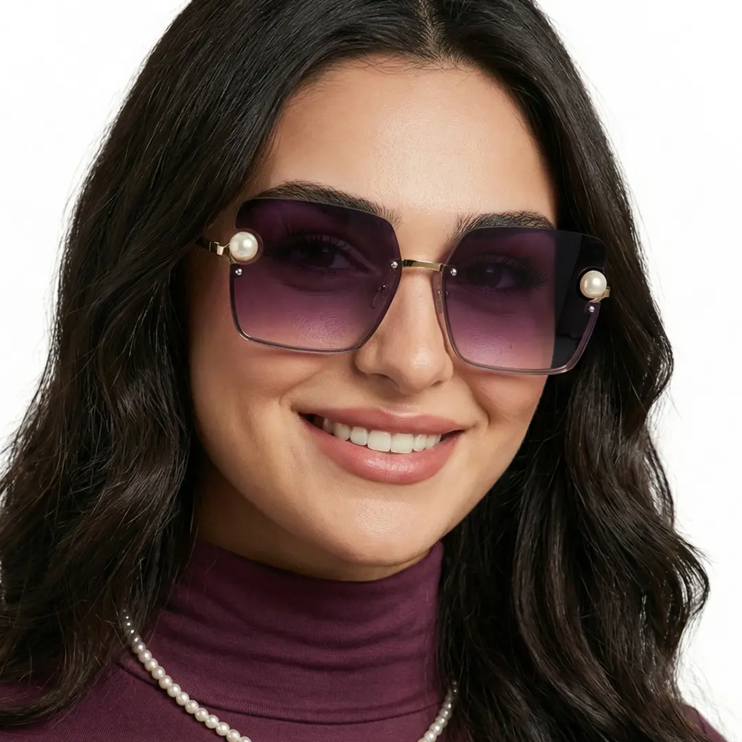 Three-quarter view of female wearing grey square sunglasses, smiling, SP0052505