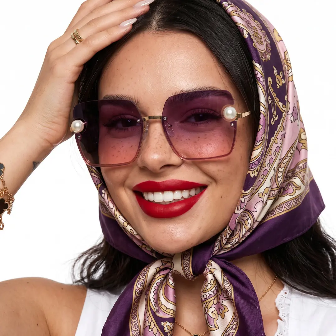Three-quarter view of female wearing purple square sunglasses, hand touching head, natural smile, SP0052505