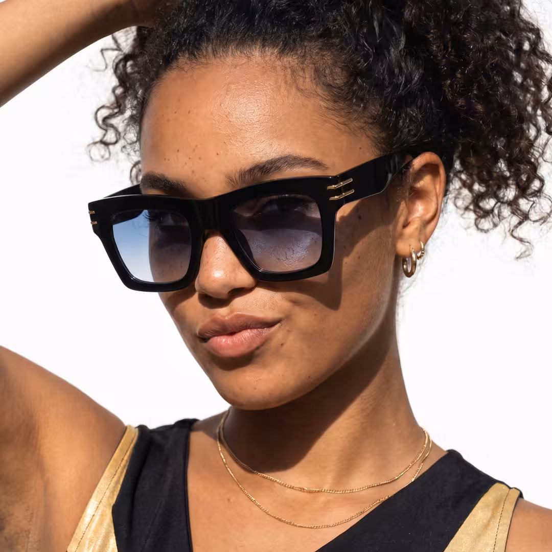 Female wearing black square pc sunglasses, pouting. SPU: SP0052605