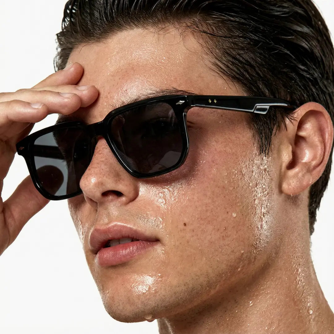 Looking away view of male wearing black square sunglasses, natural expression, SP0142506