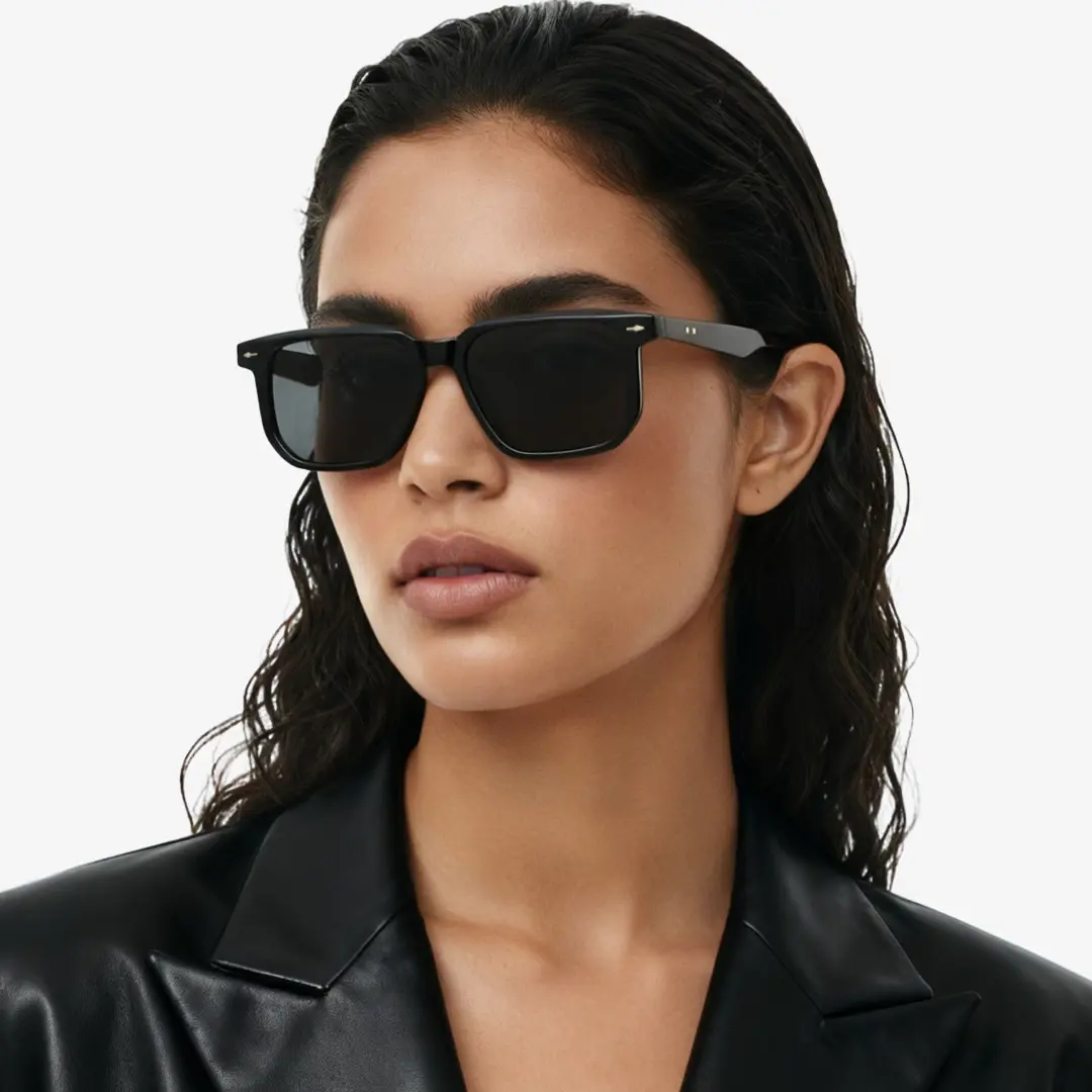 Three-quarter view of female wearing black square sunglasses, natural expression, SP0142506