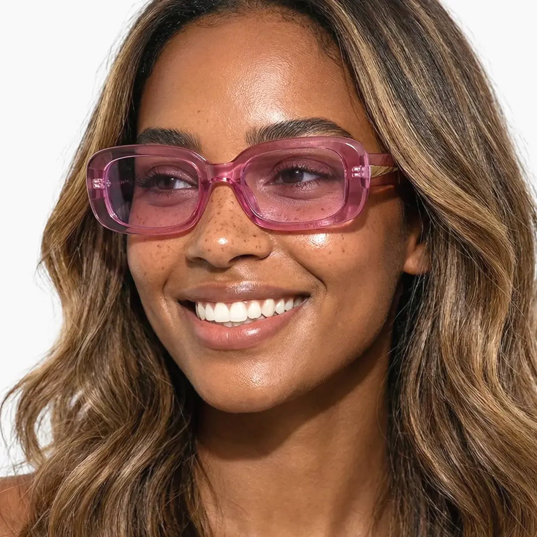 Looking away view of female wearing pink rectangle sunglasses, friendly smile, SP0182507