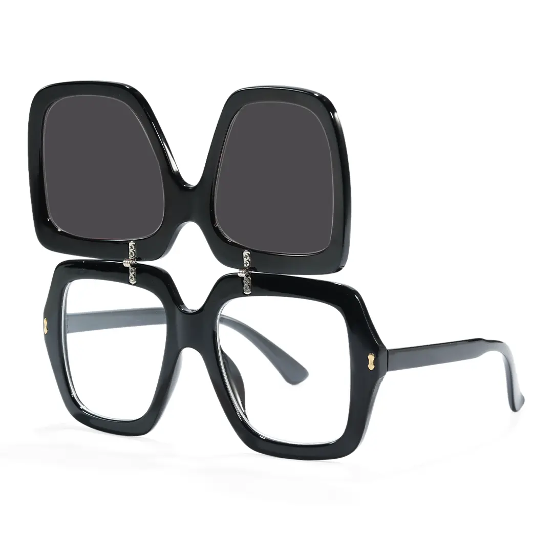 Angle view of Lucius vintage square pc flip-up sunglasses in open position SP0192603 in black