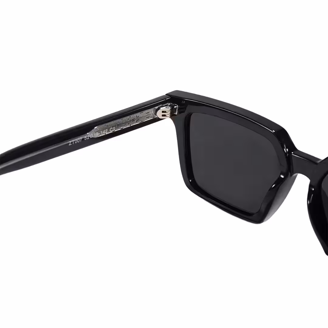 Hinge detail of Theron square pc sunglasses in black. SPU: SP0212603