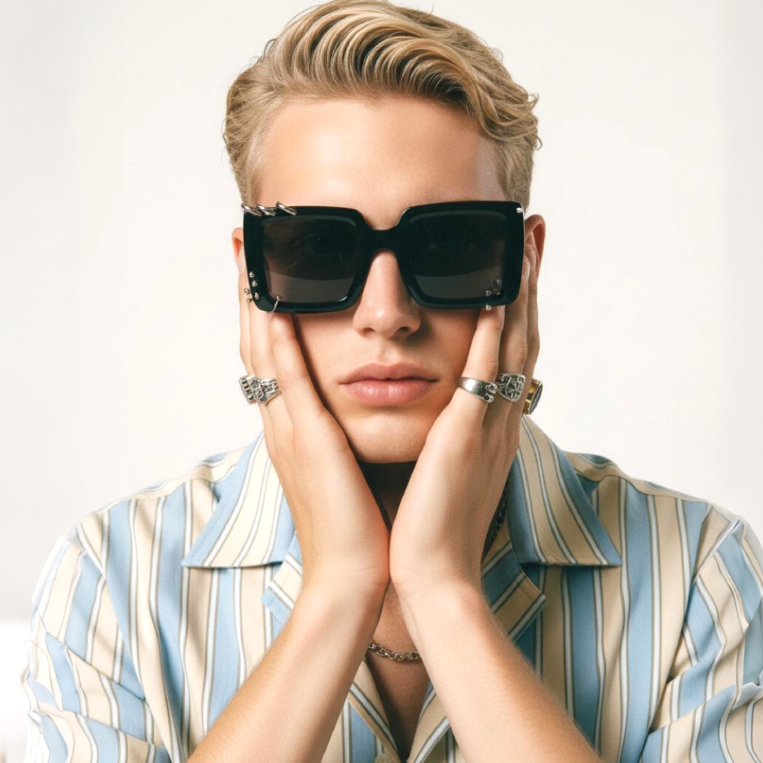 Front view of male wearing black square sunglasses, hands cupping face, neutral expression, SR0052509