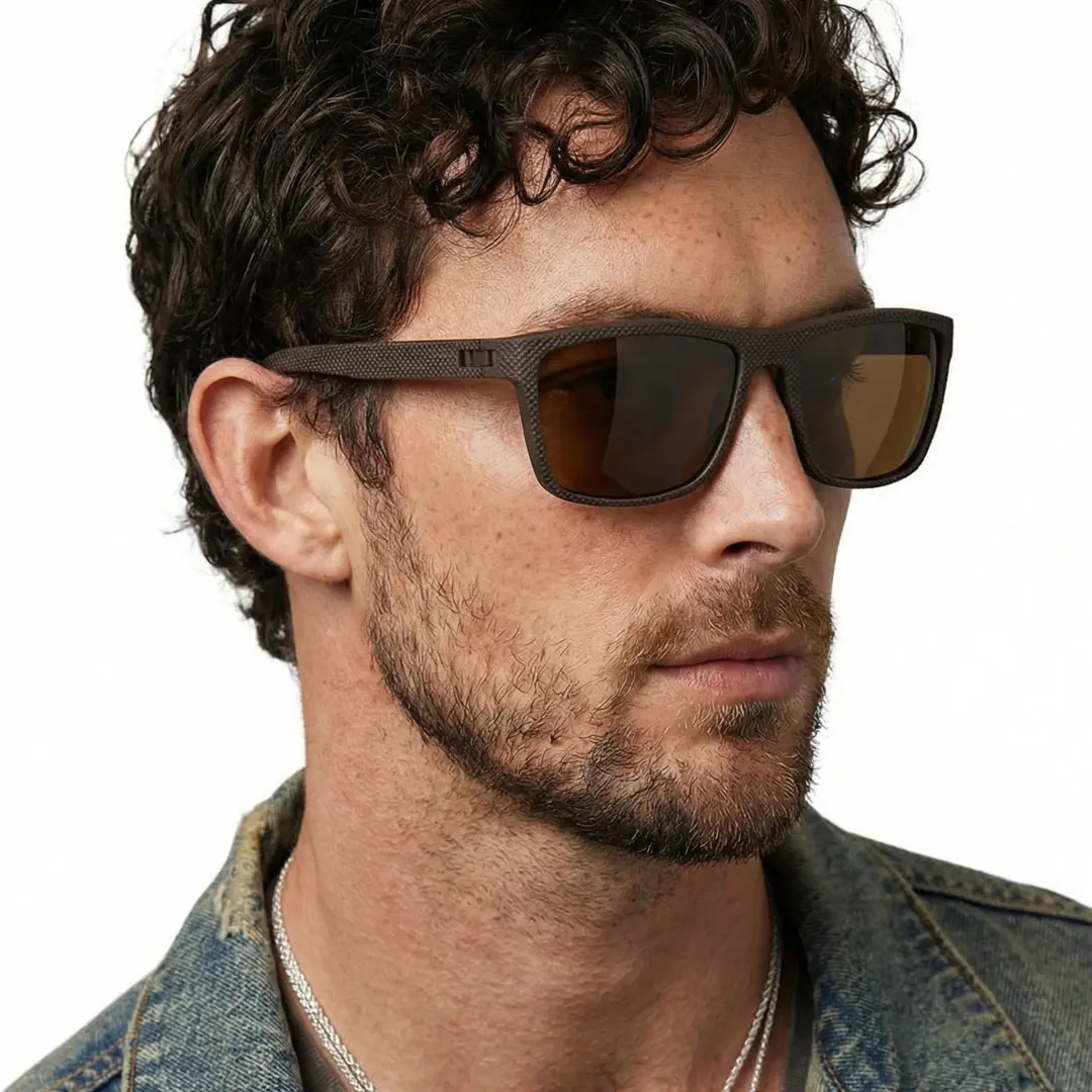 Looking away view of male wearing brown square sunglasses, confident expression, SR0072410